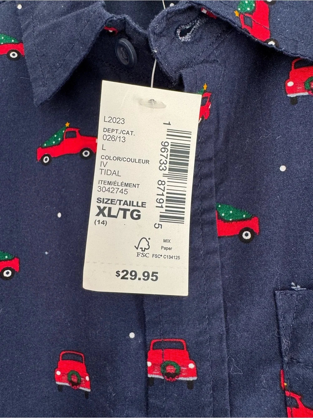 The Children's Place Boys Navy Button-Down Shirt with Red Car Print Sz 14